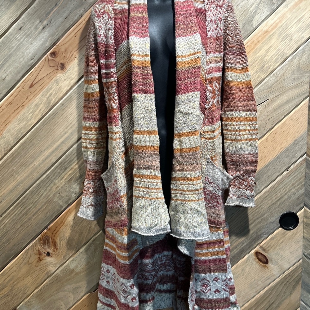 Multicolor Aztec Southwest Sunset Stripe Open Front Pocketed Maxi Duster Coat